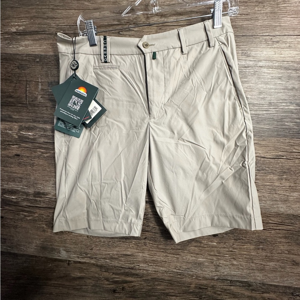 Chervo Khaki Tan Flat Front Shorts Knee-Length Casual